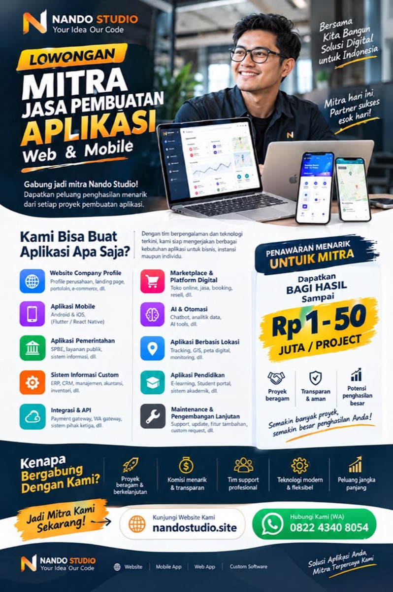Poster lowongan mitra jasa pembuatan aplikasi web dan mobile Nando Studio, bagi hasil Rp 1 sampai 50 juta per proyek